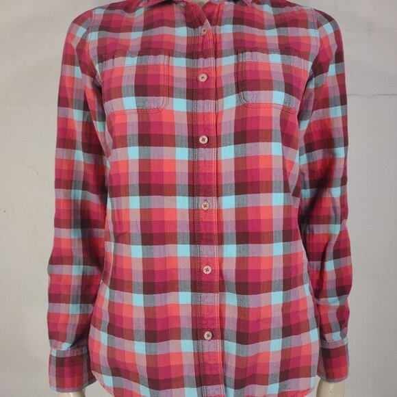 The North Face red teal plaid 100% Cotton button up flannel shirt ladies Small - Picture 1 of 7